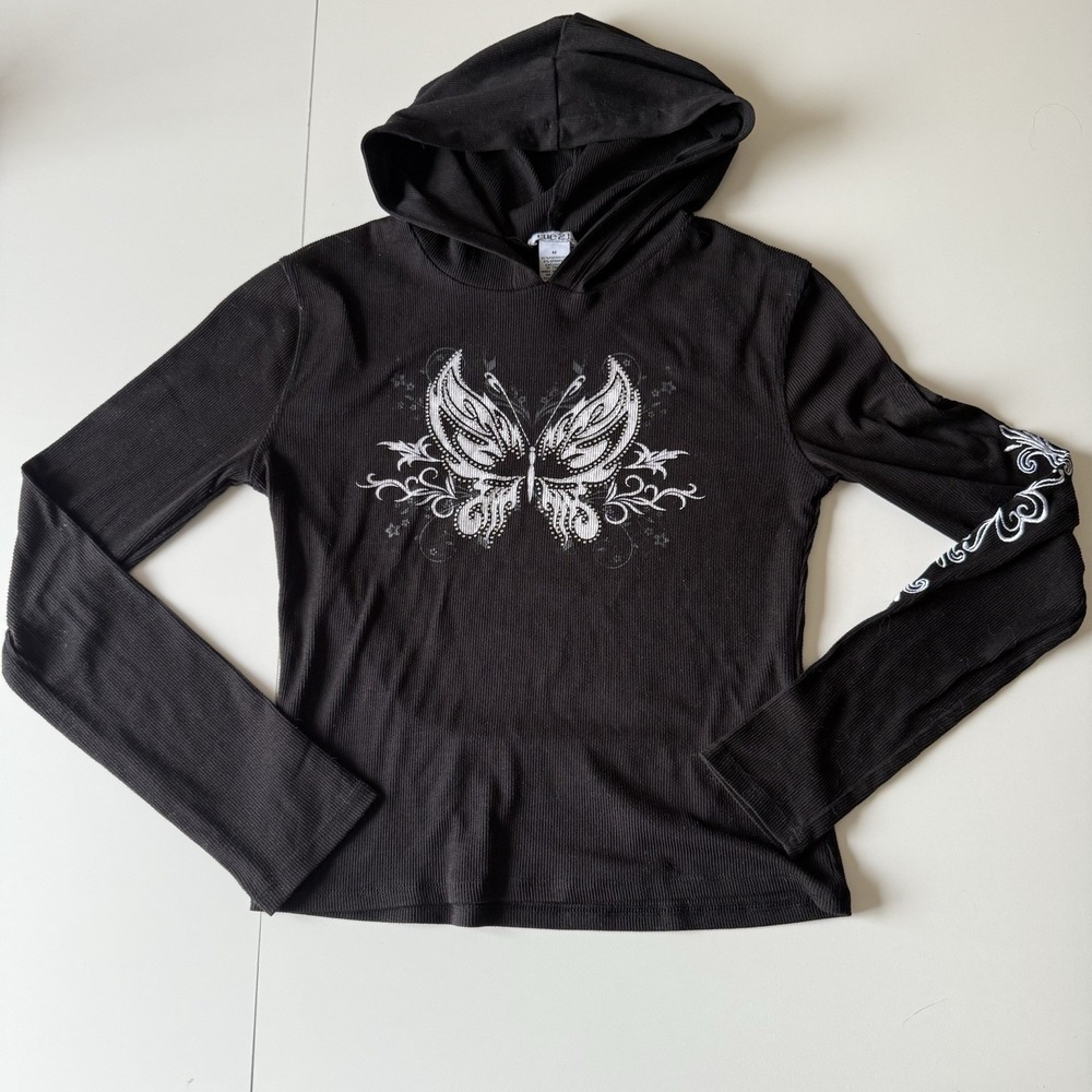 Rue 21 Y2K Black Ribbed Butterfly Rhinestone‎ Hooded Long Sleeve Shirt Size M